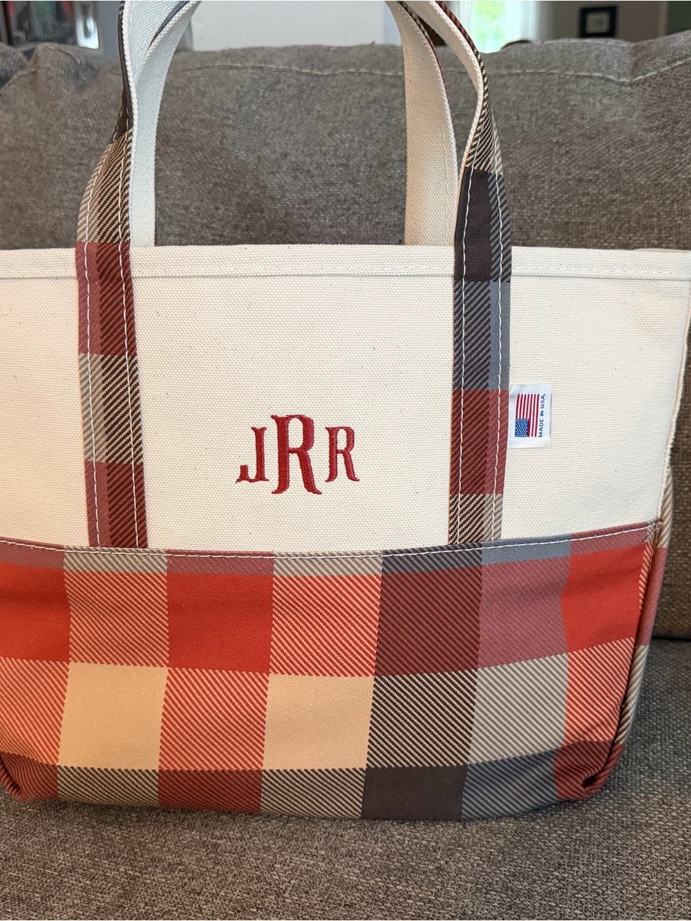 L.L. Bean Medium Plaid Boat & Tote in Cream, Red, Tan & Gray Apple Cider - Picture 3 of 7